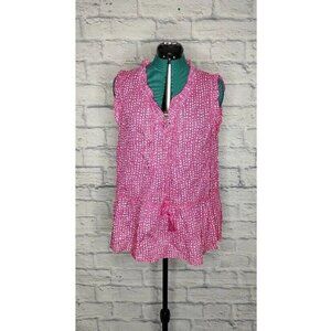 LOLA Australia Womens Peplum Top Pink White Speckled Sleeveless V Neck Ruffles L